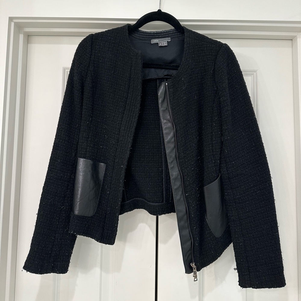 Vince Tweed Black Jacket with Leather Accents, Size 6